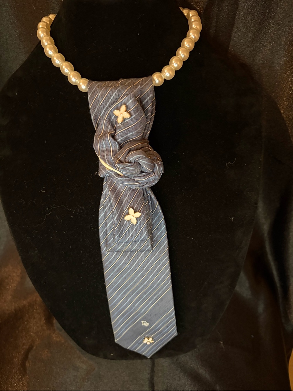 Dior Navy Blue Striped Silk Scarf with Pearl Accent